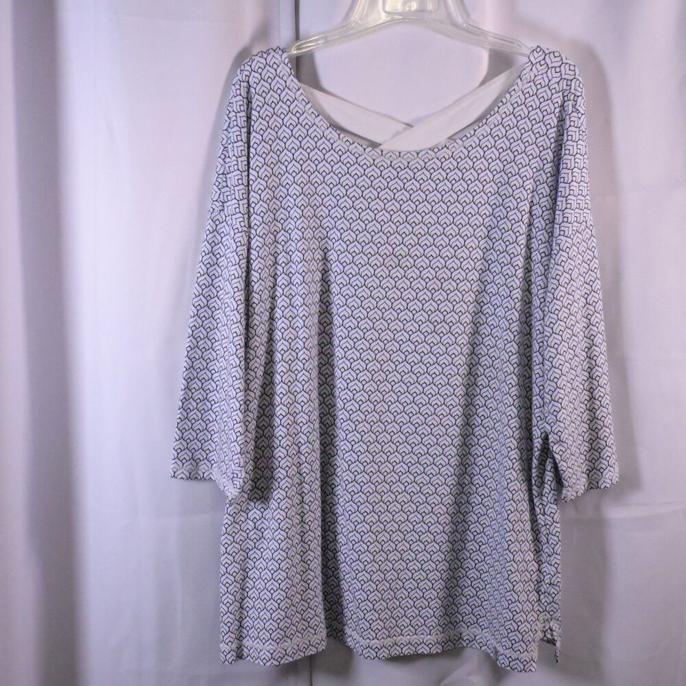 T by Talbots‎ Women's 2X Blue White Cross Back Tunic Scallop Print